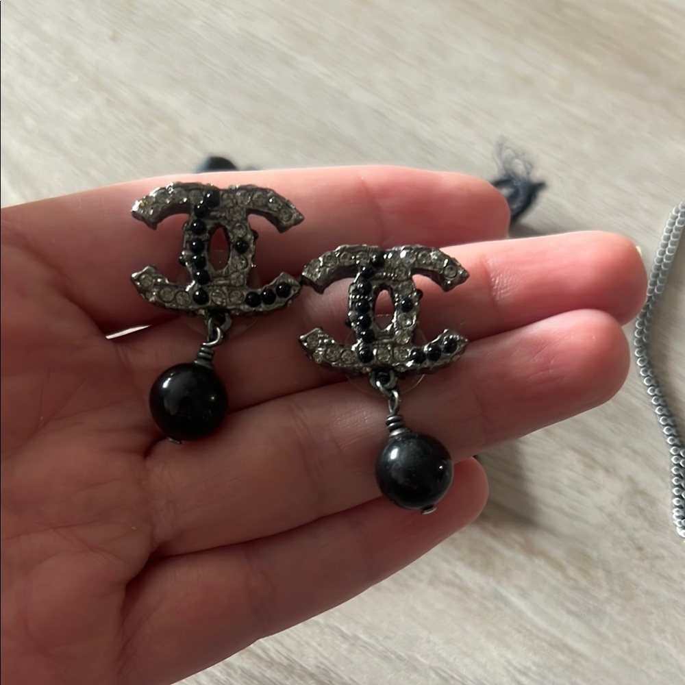 CHANEL Black and Silver CC Logo Drop Earrings